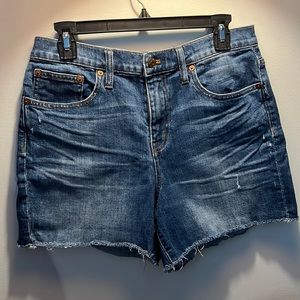 Madewell high rise denim shorts with cut off edge
